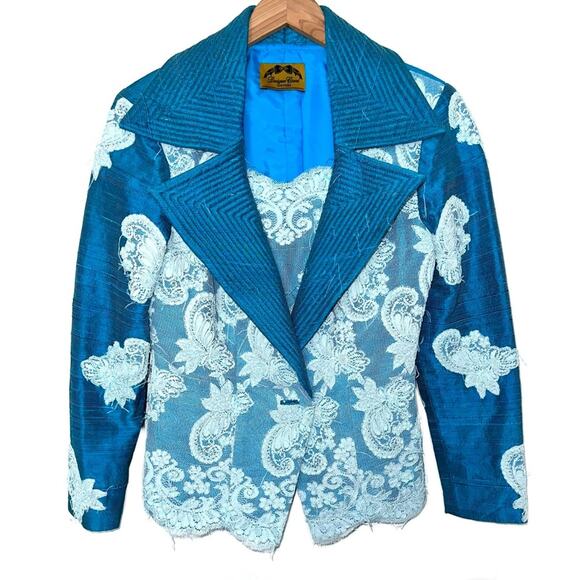 Vintage Custom Blue Lace Appliqué Blazer - Picture 1 of 15